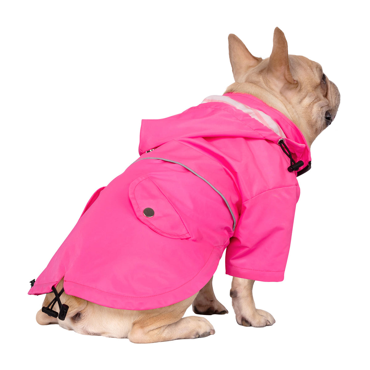 Rear view of the pink dog raincoat showing the folded hood, gray trim and pocket flaps