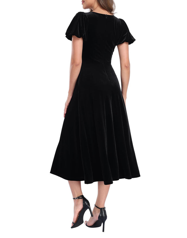Women's Velvet Midi Dress with Pockets - Black - PT04
