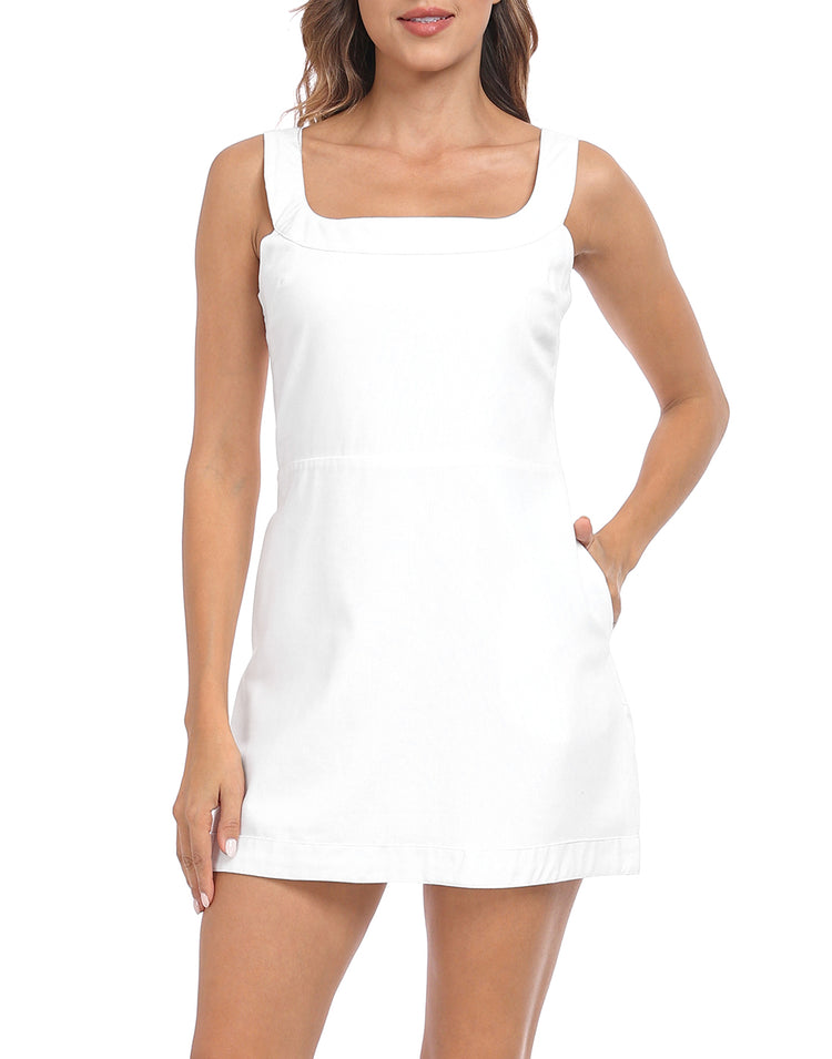 Linen Mini Dress with Pockets in White