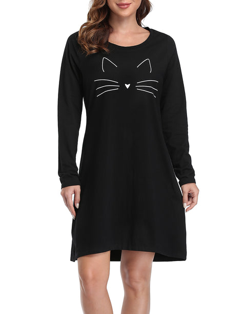 Cute Cat Long Sleeve Sleepwear Cotton Nightgown Sleepshirt
