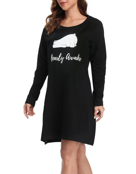 Bearly Awake Long Sleeve Sleepwear Cotton Nightgown Sleepshirt