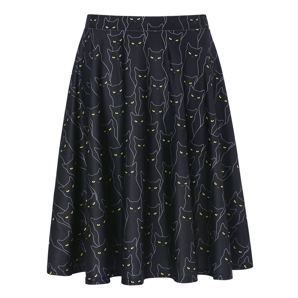 Black flared skirt with outlined cats and yellow eyes, shown without a model