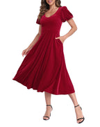 Women's Velvet Midi Dress with Pockets - Red - PT05