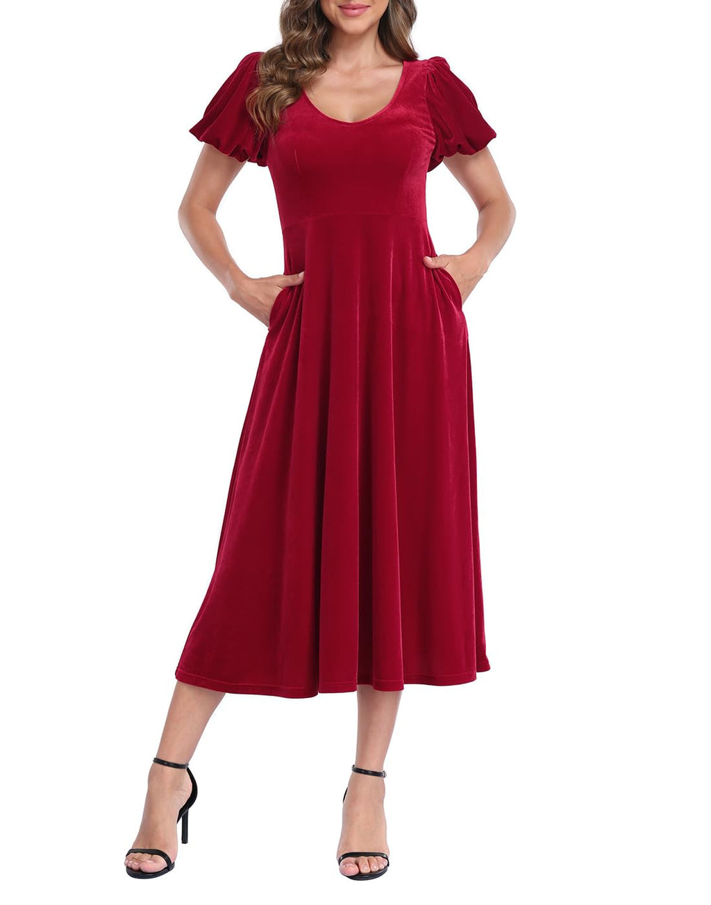 Women's Velvet Midi Dress with Pockets - Red - MAIN
