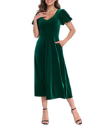 Women's Velvet Midi Dress with Pockets - Dark Emerald Green - MAIN