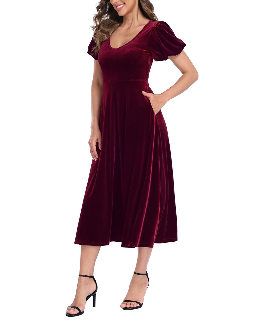 Women's Velvet Midi Dress with Pockets - Burgundy - PT03