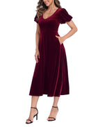 Women's Velvet Midi Dress with Pockets - Burgundy - PT03