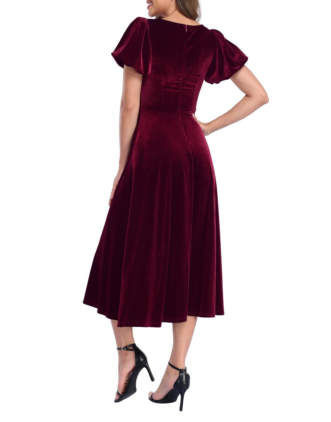 Women's Velvet Midi Dress with Pockets - Burgundy - PT04