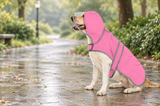 HDE pink dog raincoat with clear hood and gray trim