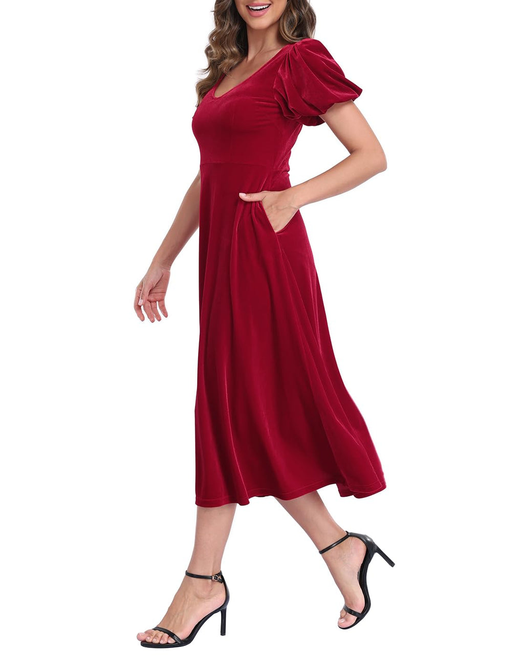Women's Velvet Midi Dress with Pockets - Red - PT03