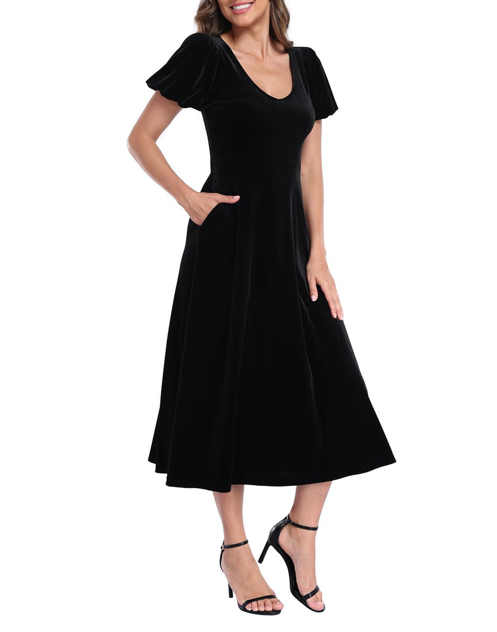 Women's Velvet Midi Dress with Pockets - Black - PT03