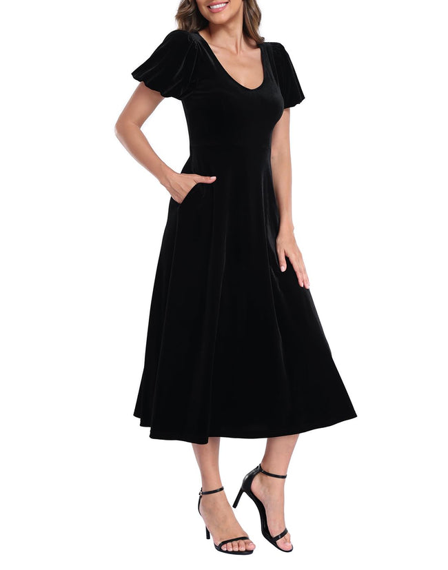 Women's Velvet Midi Dress with Pockets - Black - PT03