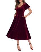 Women's Velvet Midi Dress with Pockets - Burgundy - PT05