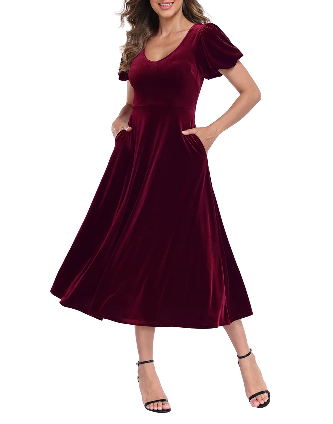 Women's Velvet Midi Dress with Pockets - Burgundy - PT05