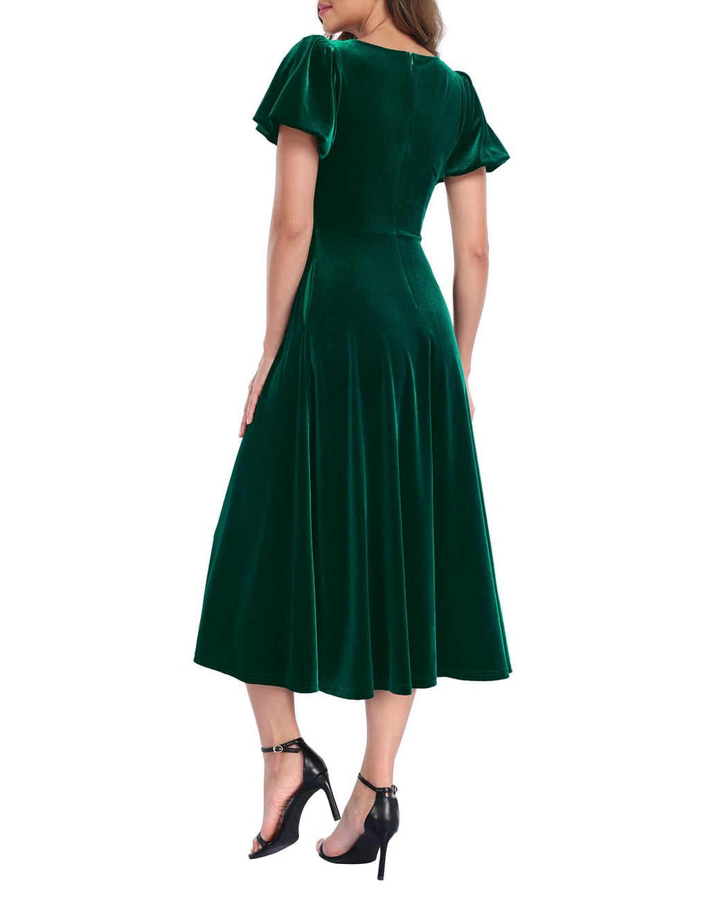 Women's Velvet Midi Dress with Pockets - Dark Emerald Green - PT04