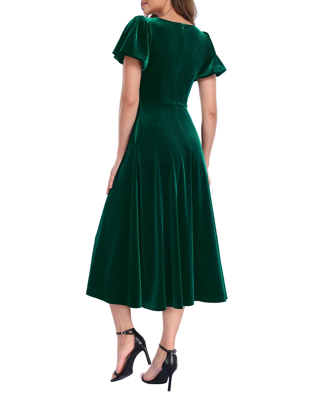 Women's Velvet Midi Dress with Pockets - Dark Emerald Green - PT04
