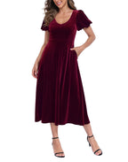 Women's Velvet Midi Dress with Pockets - Burgundy - MAIN