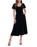 Women's Velvet Midi Dress with Pockets - Black - MAIN