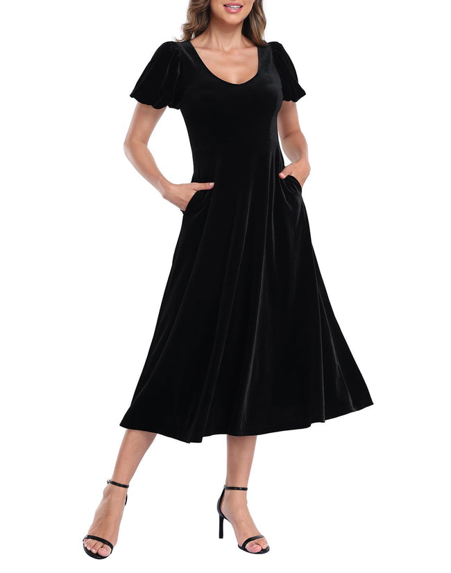 Women's Velvet Midi Dress with Pockets - Black - PT05