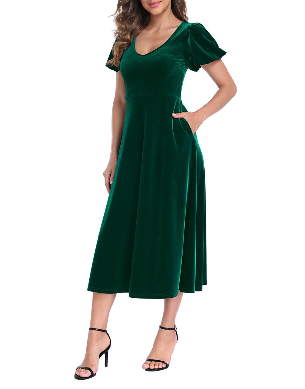 Women's Velvet Midi Dress with Pockets - Dark Emerald Green - PT03