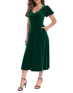 Women's Velvet Midi Dress with Pockets - Dark Emerald Green - PT03