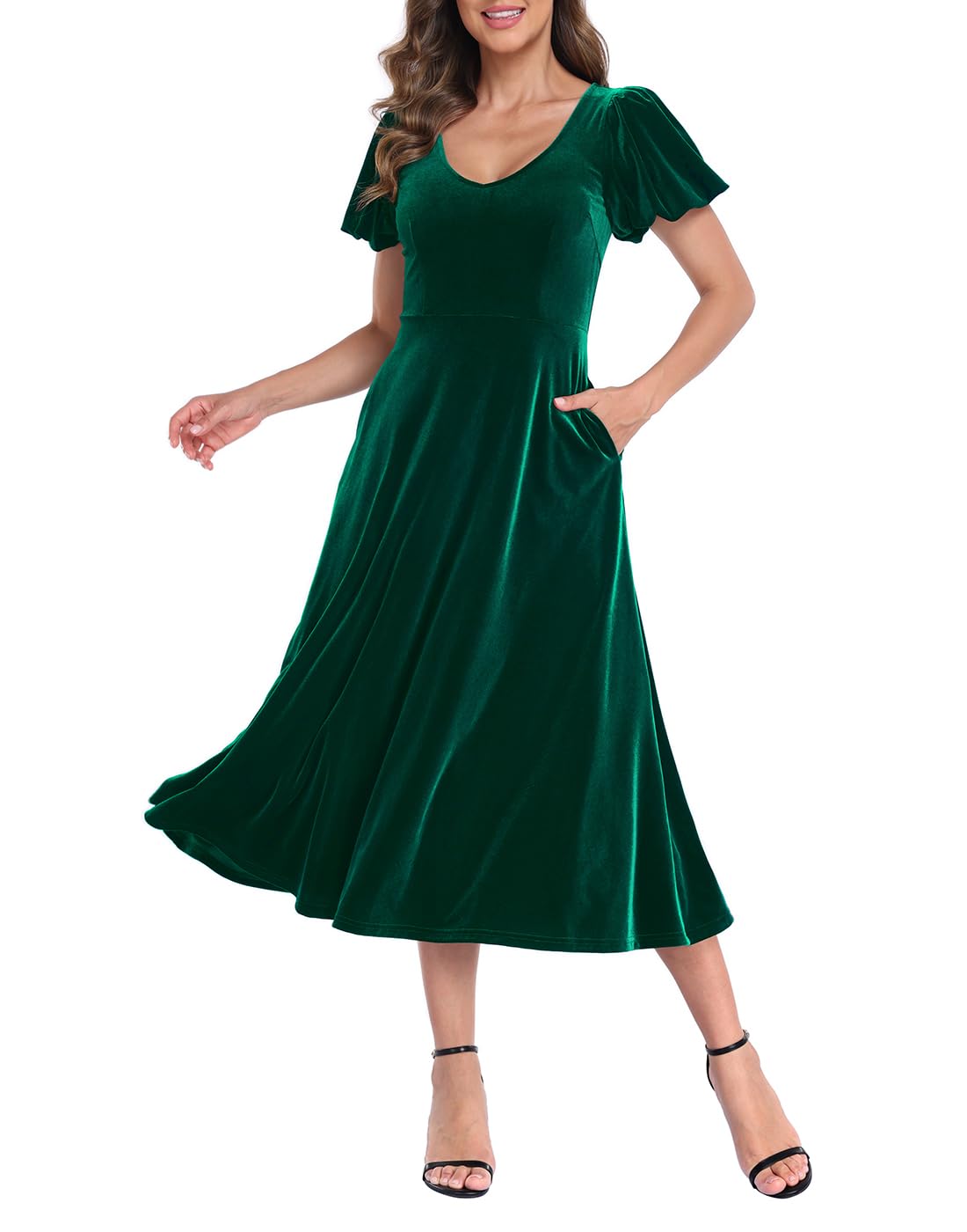 Women's Velvet Midi Dress with Pockets - Dark Emerald Green - PT05