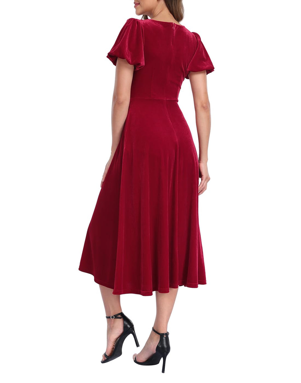 Women's Velvet Midi Dress with Pockets - Red - PT04