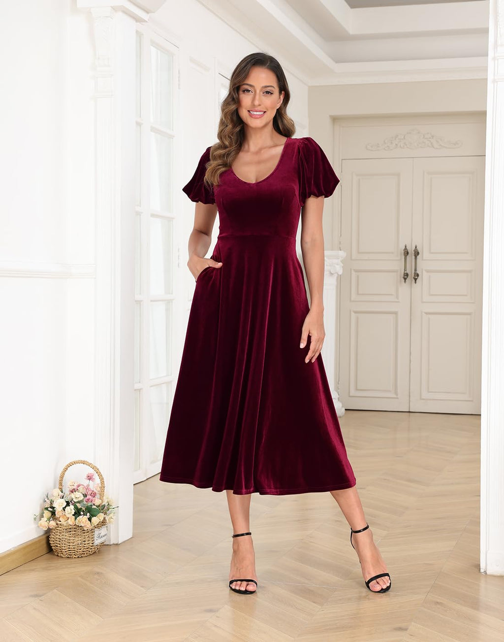 Women's Velvet Midi Dress with Pockets - Burgundy - PT01