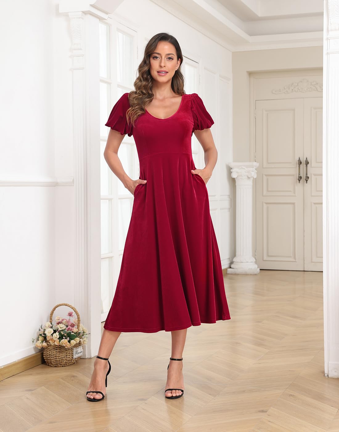 Women's Velvet Midi Dress with Pockets - Red - PT01