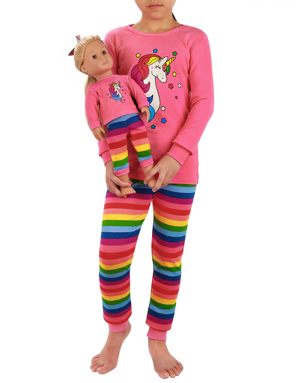 HDE Girls Unicorn Pajamas with Matching Doll Outfit Cotton Pajama Set for Girls Pink Pink Rainbow Unicorn/Long - 12