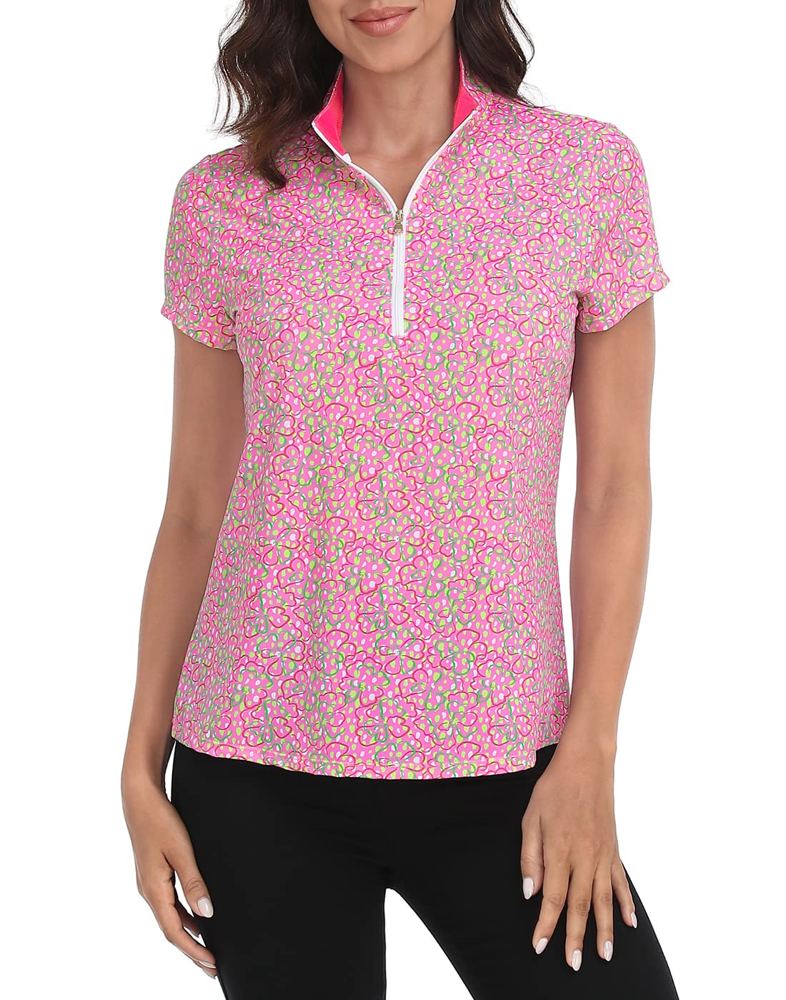 Golf Shirts for Women - LRD - Pink Paisley / White