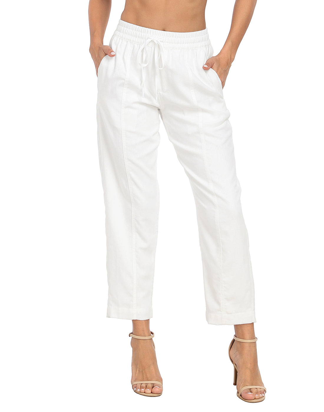 Linen Blend Summer Drawstring Ankle Pants with Pockets Main image