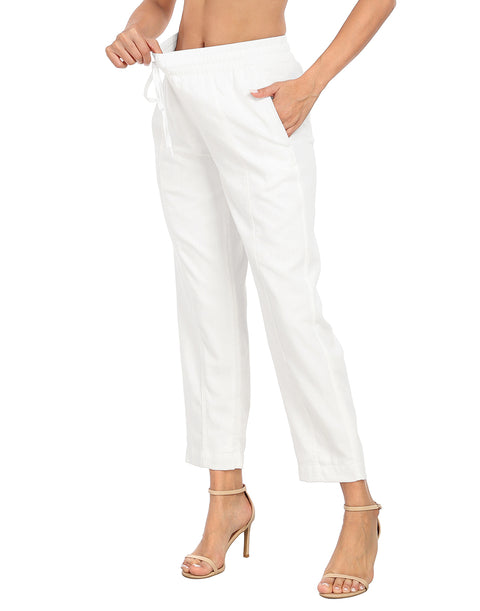 Linen Blend Summer Drawstring Ankle Pants with Pockets
