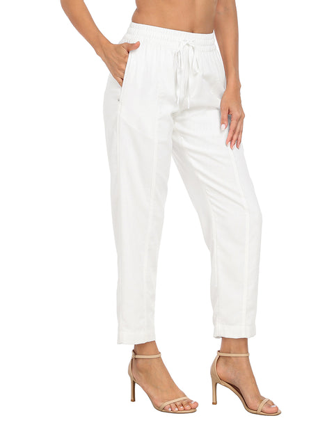 Linen Blend Summer Drawstring Ankle Pants with Pockets