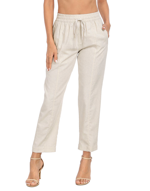 Linen Blend Summer Drawstring Ankle Pants with Pockets