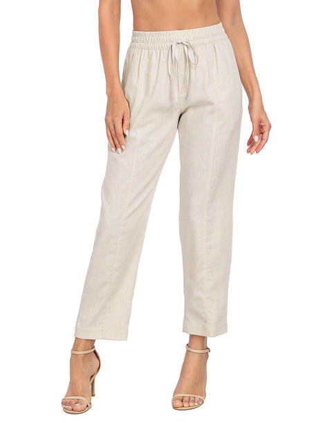 Linen Blend Summer Drawstring Ankle Pants with Pockets