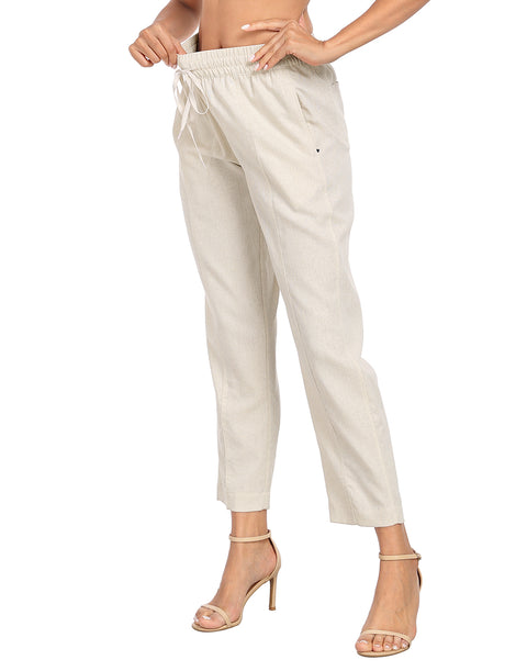 Linen Blend Summer Drawstring Ankle Pants with Pockets