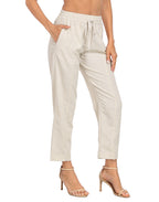 Linen Blend Summer Drawstring Ankle Pants with Pockets