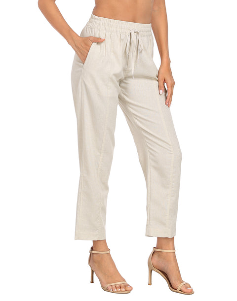 Linen Blend Summer Drawstring Ankle Pants with Pockets