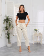 Linen Blend Summer Drawstring Ankle Pants with Pockets