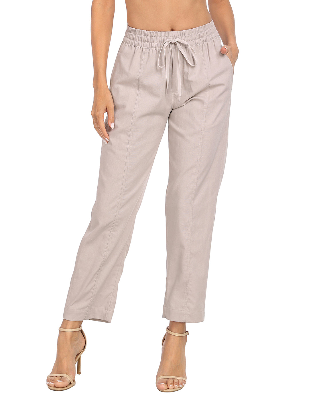 Linen Blend Summer Drawstring Ankle Pants with Pockets