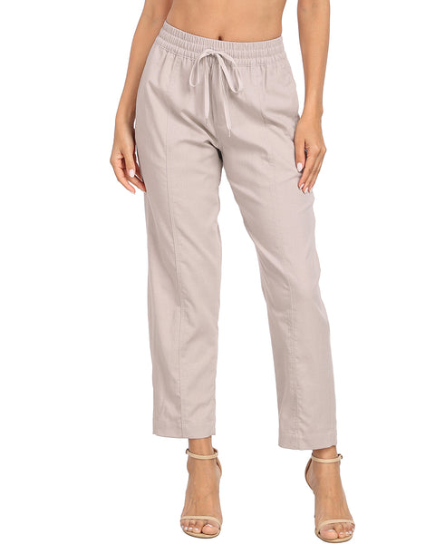 Linen Blend Summer Drawstring Ankle Pants with Pockets