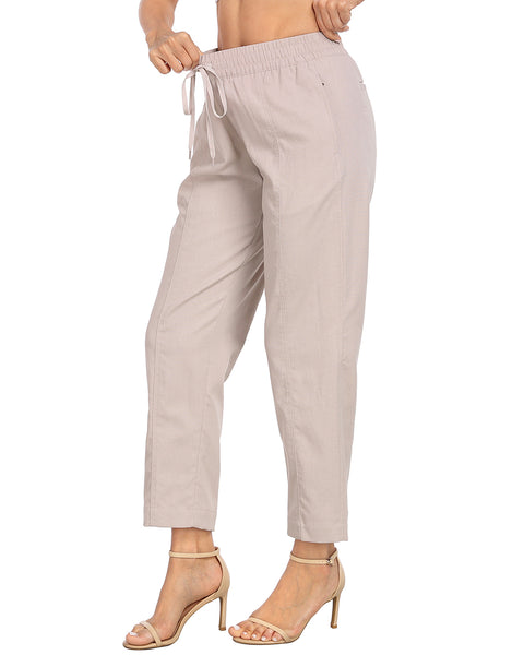 Linen Blend Summer Drawstring Ankle Pants with Pockets