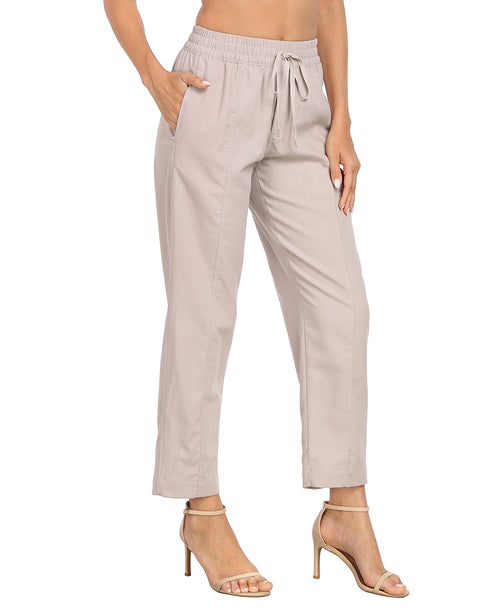 Linen Blend Summer Drawstring Ankle Pants with Pockets