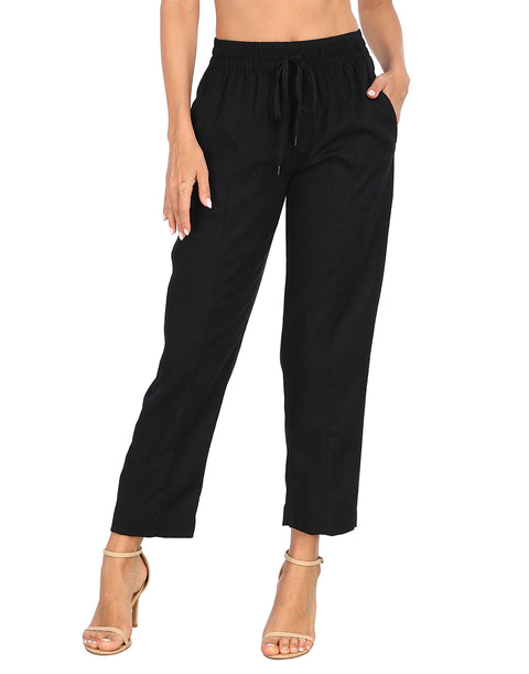 Linen Blend Summer Drawstring Ankle Pants with Pockets