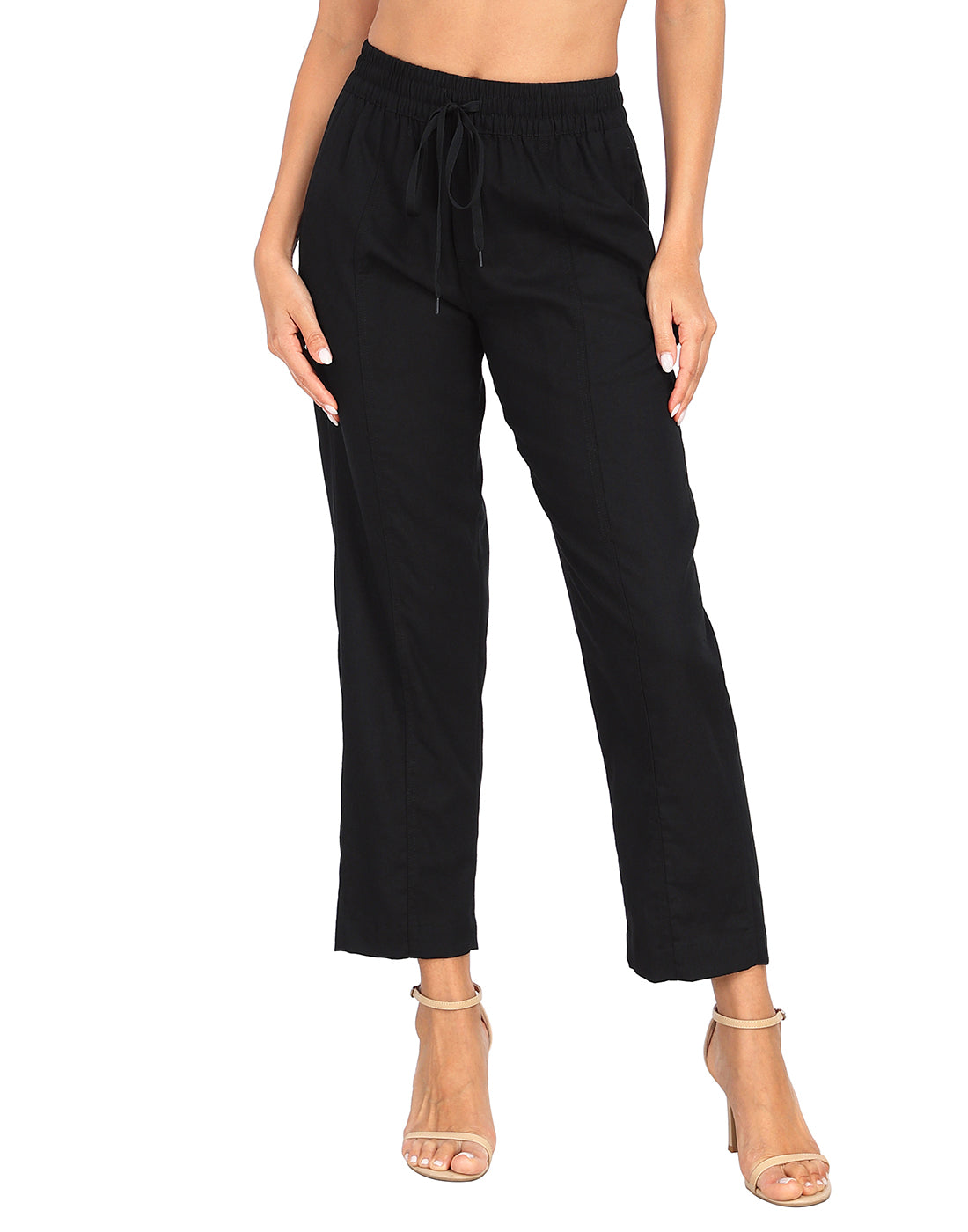 Linen Blend Summer Drawstring Ankle Pants with Pockets