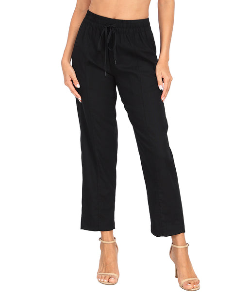 Linen Blend Summer Drawstring Ankle Pants with Pockets