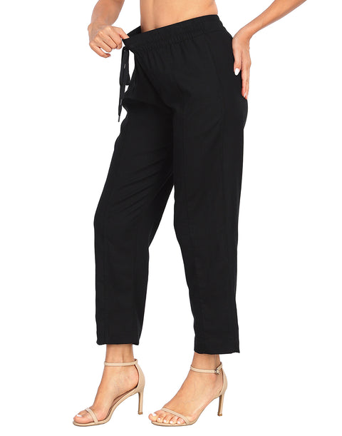 Linen Blend Summer Drawstring Ankle Pants with Pockets