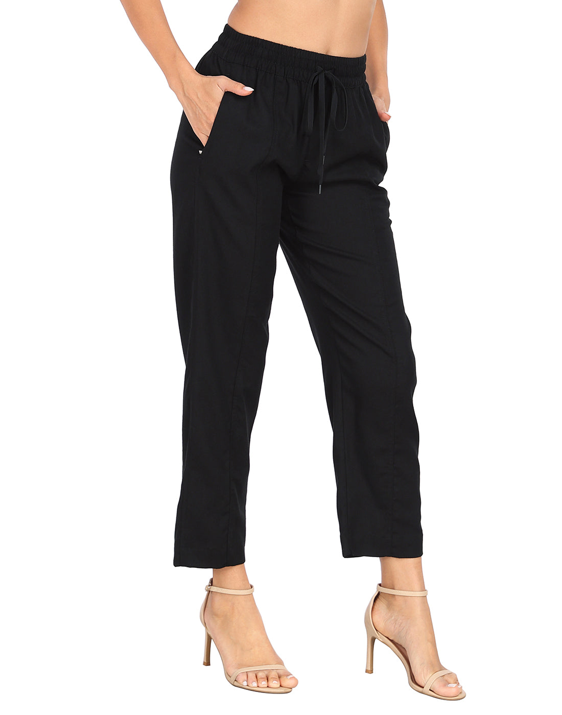Linen Blend Summer Drawstring Ankle Pants with Pockets