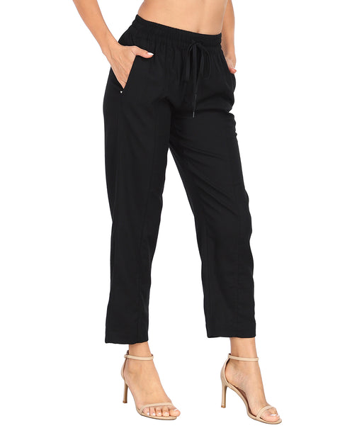 Linen Blend Summer Drawstring Ankle Pants with Pockets
